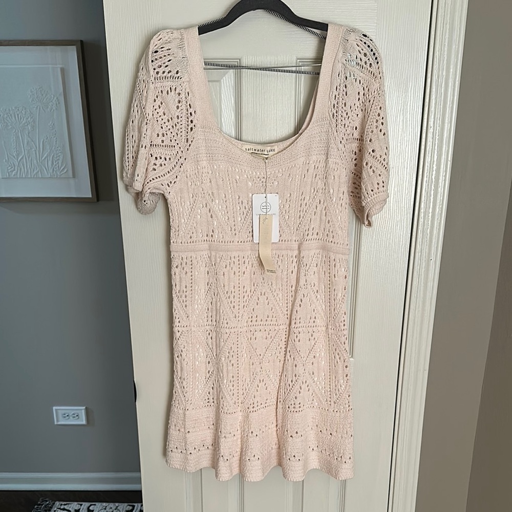 Salt water lux Elegant Cream Knit crochet lined Dress